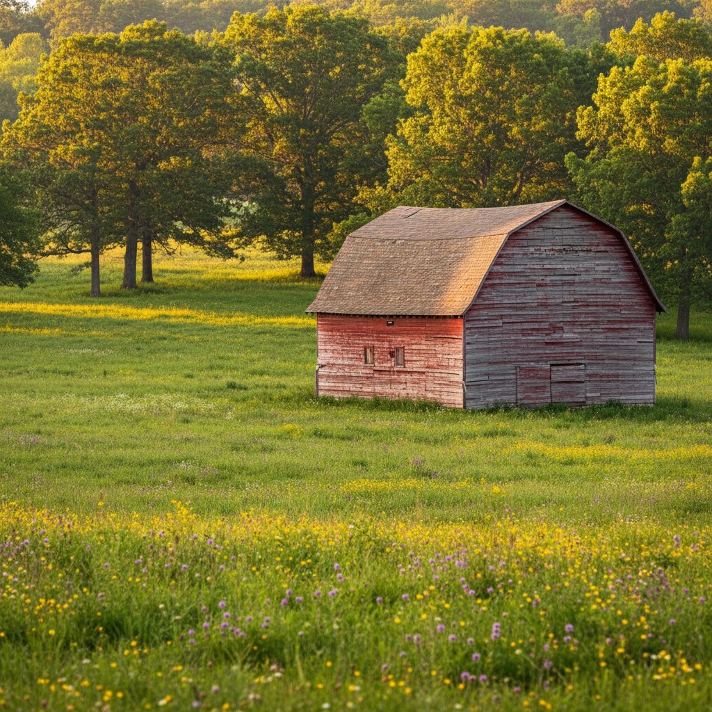 A serene scene of a red barn or shed in a field with wildflowers and trees in the background during sunrise or sunset.