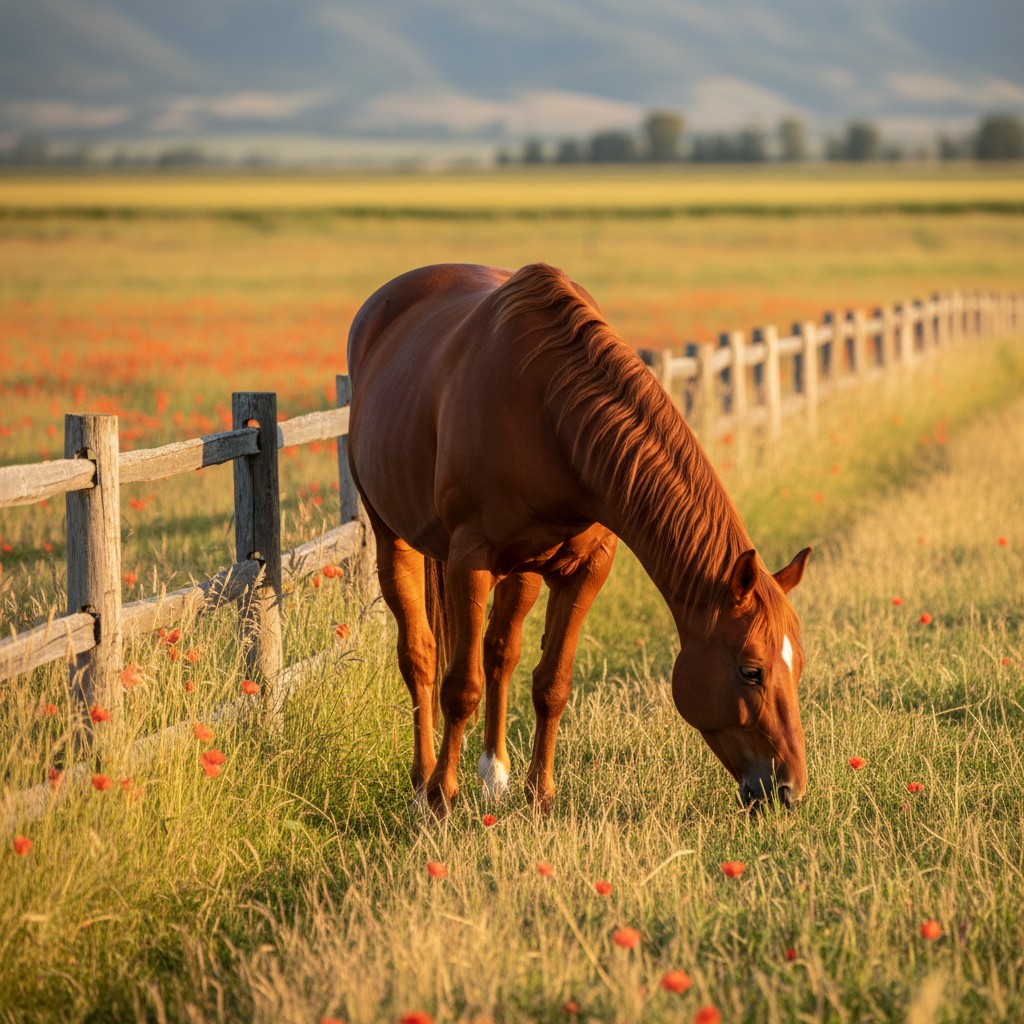 A brown horse grazing in a field near a wooden fence.