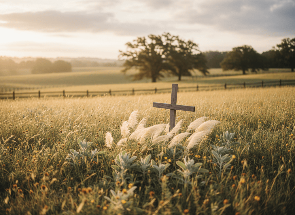 A warm, inviting editorial photograph for a country lifestyle blog category called Faith: golden morning light over a quiet rural landscape, a simple wooden cross near wild grasses, soft cream and sage tones, tasteful rustic country aesthetic, no text or lettering.