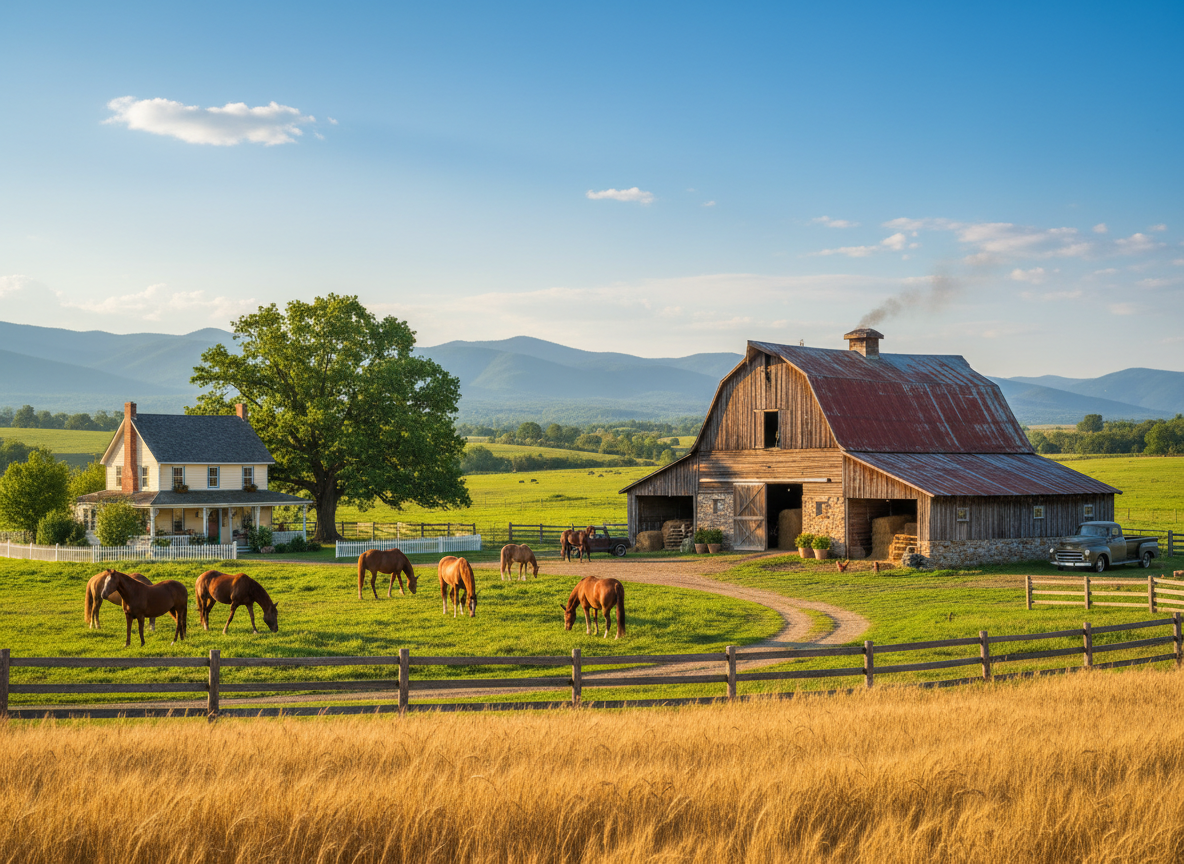 Horses grazing near a wooden barn on green pastures
