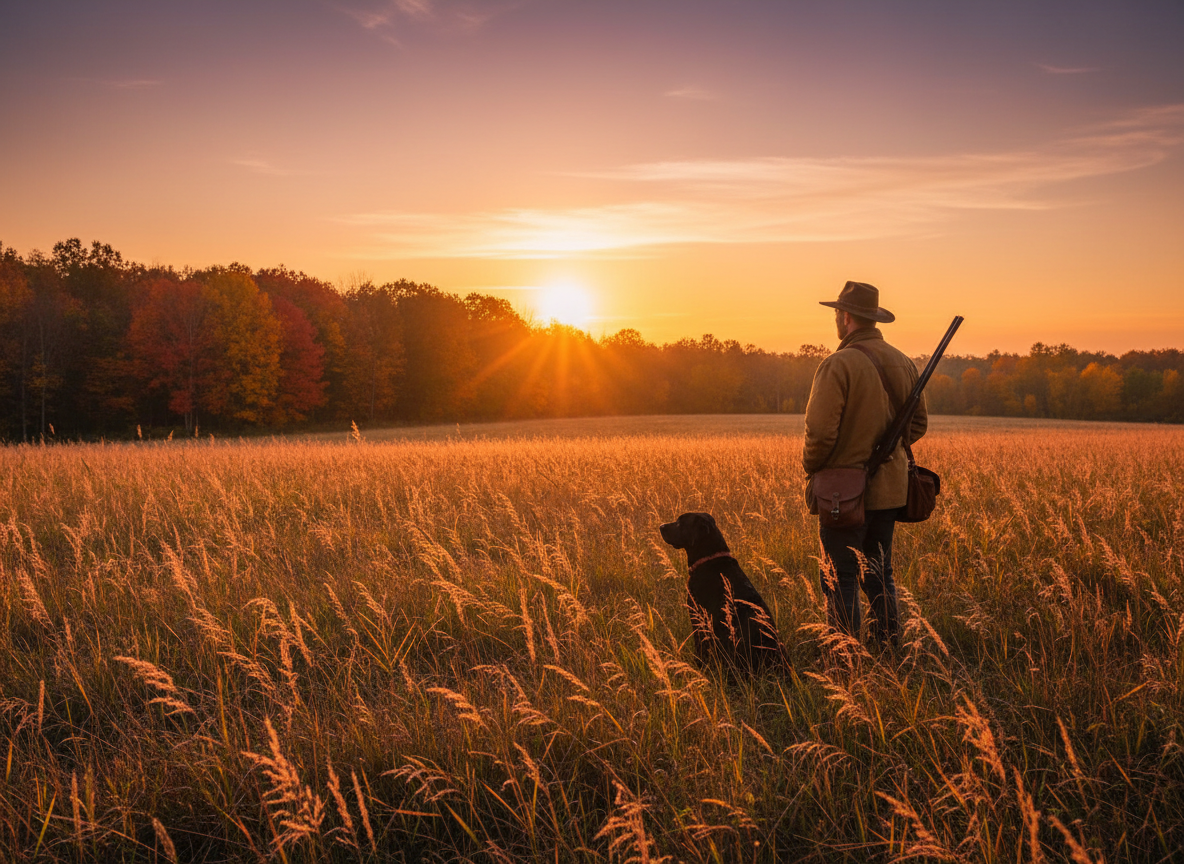 Hunter with dog in autumn field at golden hour