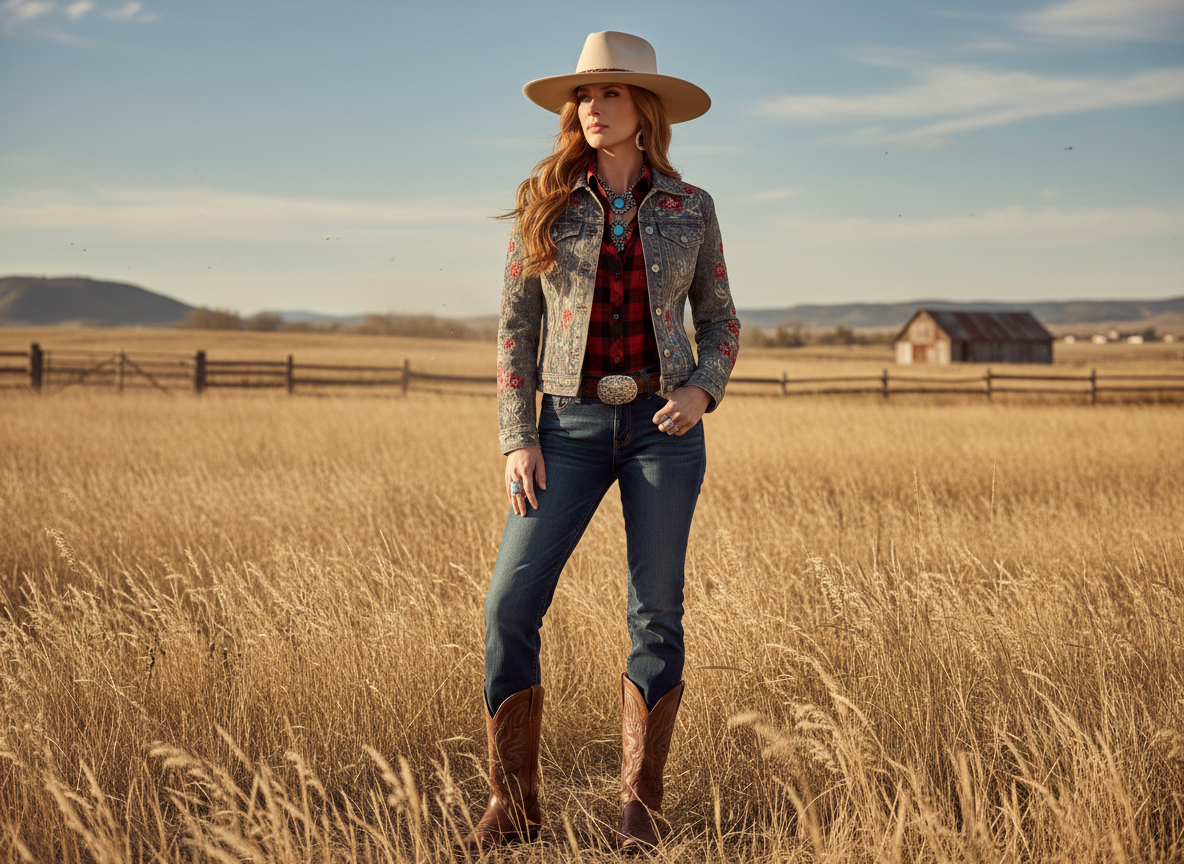 Woman in western country fashion standing in a sunlit field